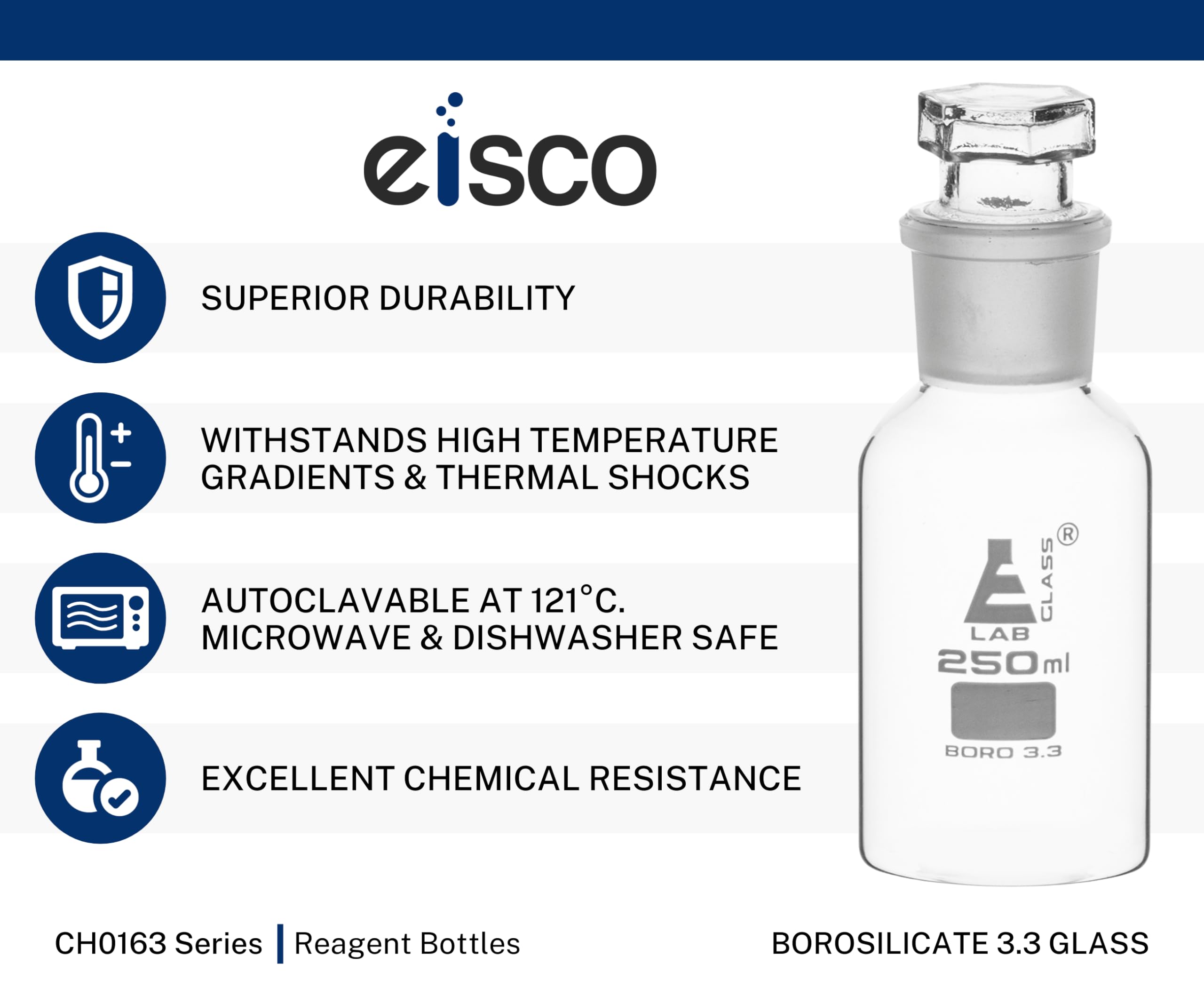 EISCO Labs 125ml Reagent Glass Bottle - Wide mouth with Stopper