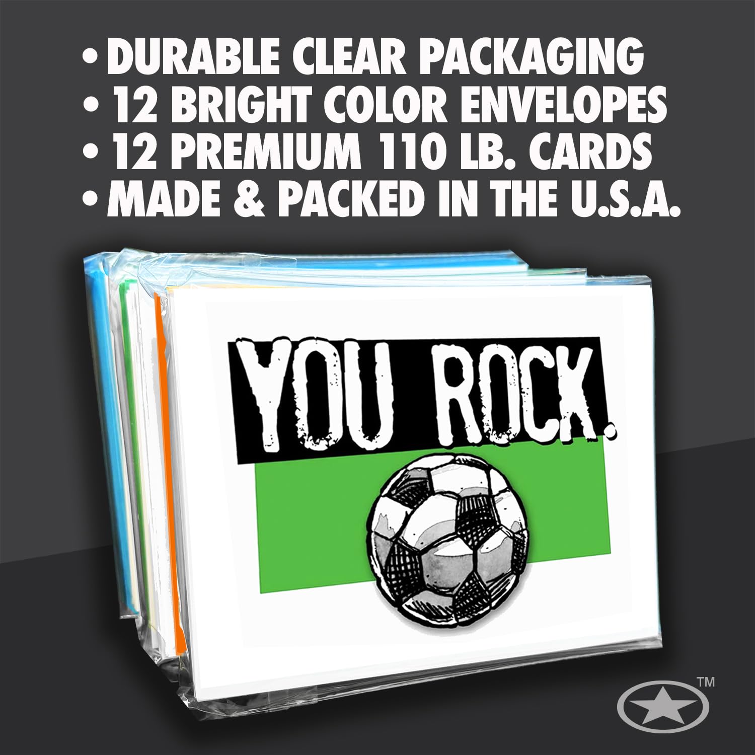 Play Strong Soccer You Rock Note Cards 12-Pack (4.25"x5.5") Illustrated Sports Powercards Thank You Note Card Set Perfect for Soccer Players, Coaches, Fans and Fanatics - They'll Love 'Em!