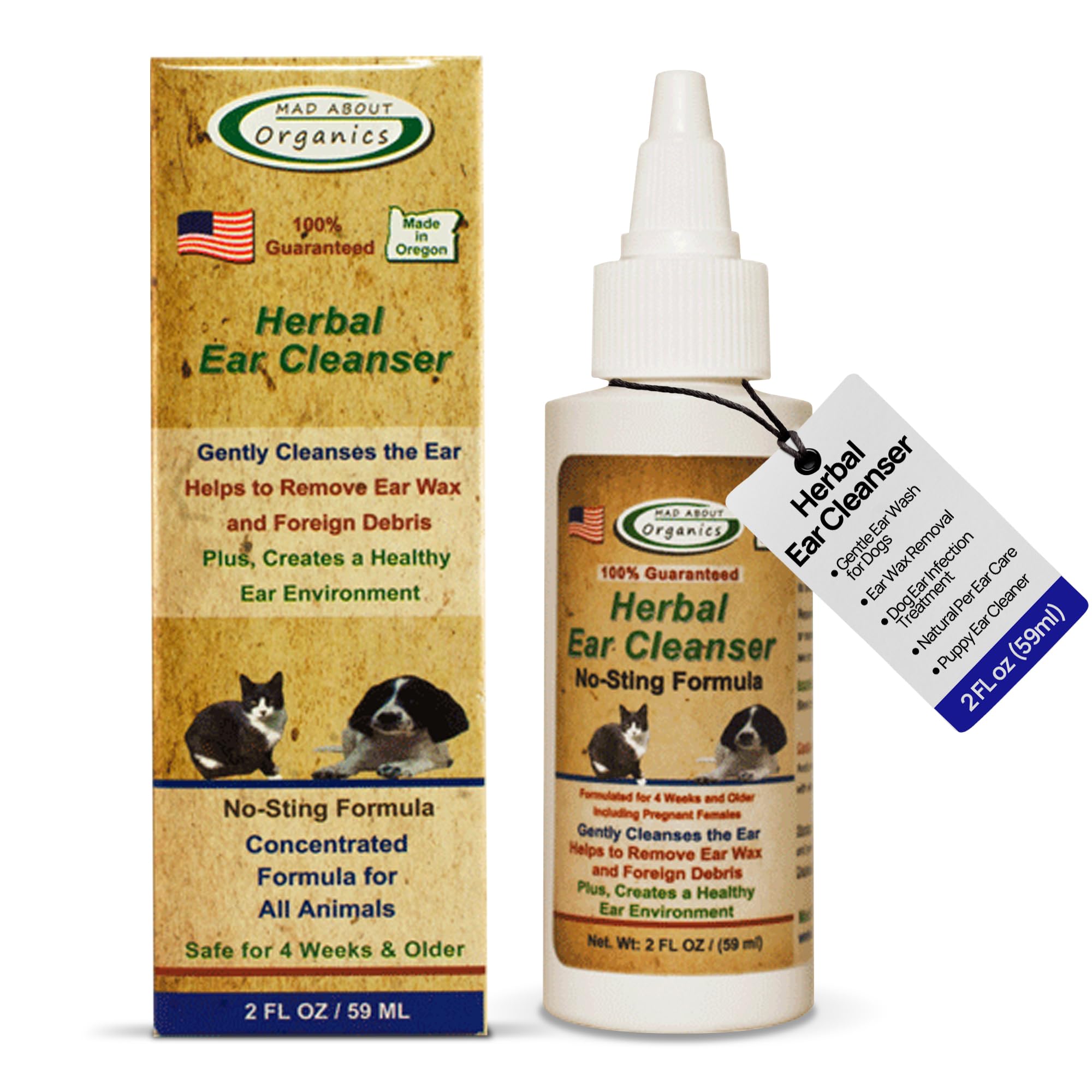 Mad About Organics Herbal Ear Cleanser for Dogs & Cats - No-Sting Formula Gently Cleanses Ears, Removes Wax & Debris, Supports Healthy Ear Care, Calming Grooming Supplies for Pets, 2oz Bottle