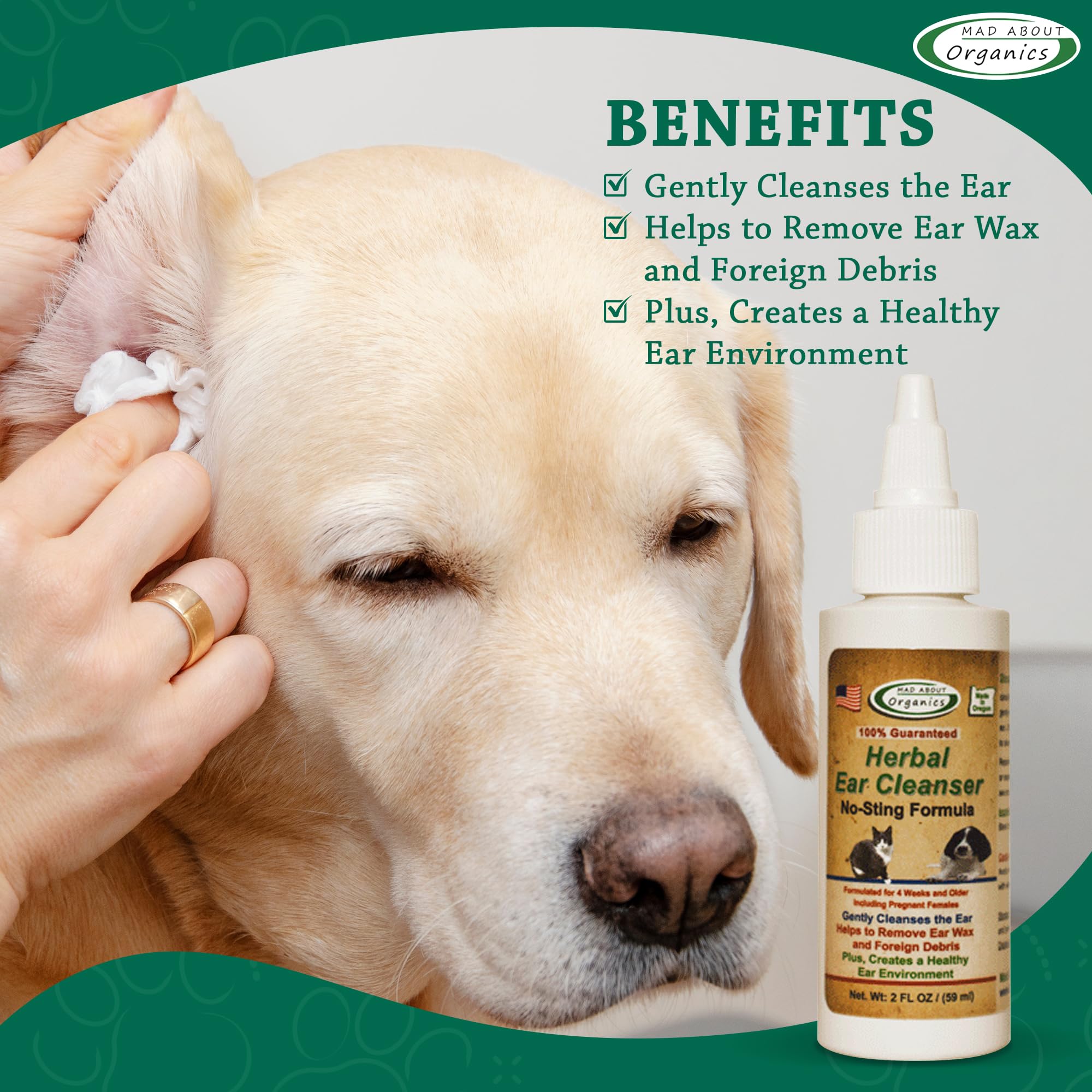 Mad About Organics Herbal Ear Cleanser for Dogs & Cats - No-Sting Formula Gently Cleanses Ears, Removes Wax & Debris, Supports Healthy Ear Care, Calming Grooming Supplies for Pets, 2oz Bottle