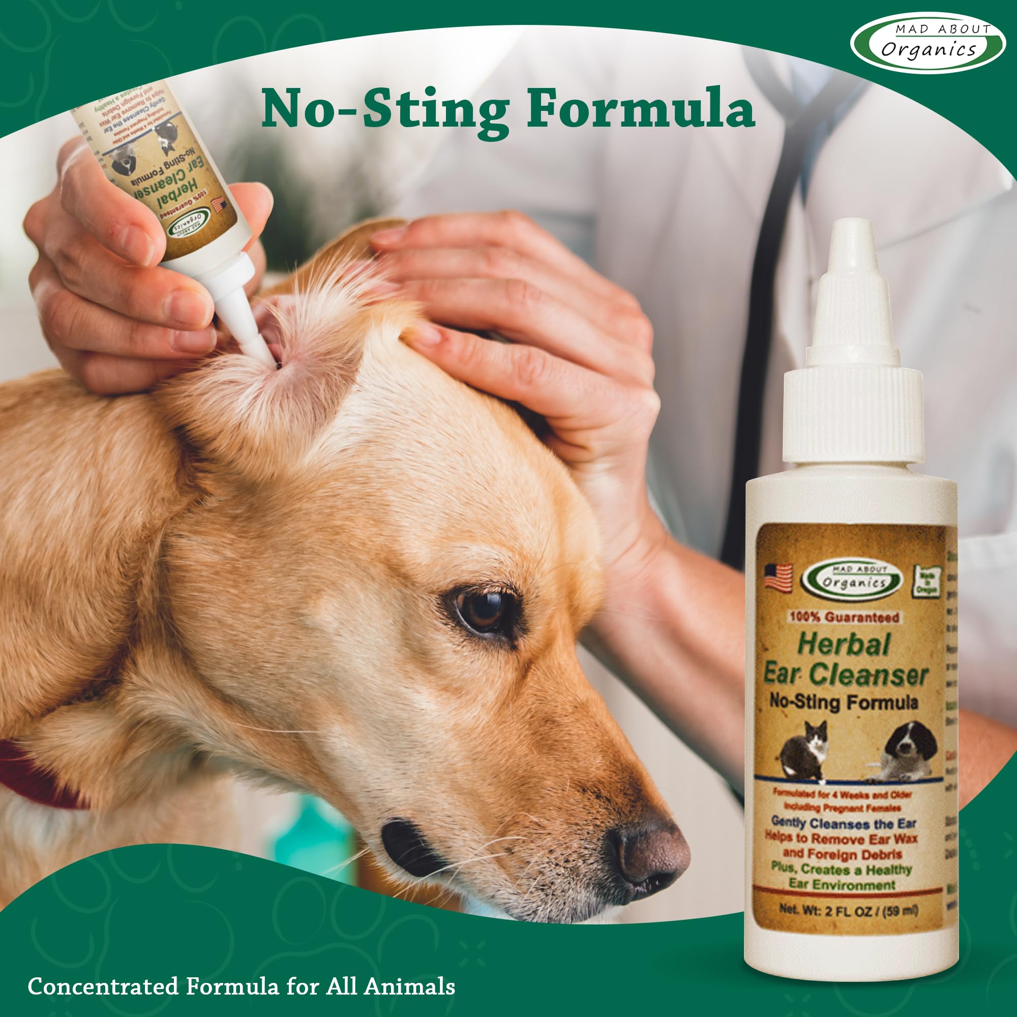 Mad About Organics Herbal Ear Cleanser for Dogs & Cats - No-Sting Formula Gently Cleanses Ears, Removes Wax & Debris, Supports Healthy Ear Care, Calming Grooming Supplies for Pets, 2oz Bottle