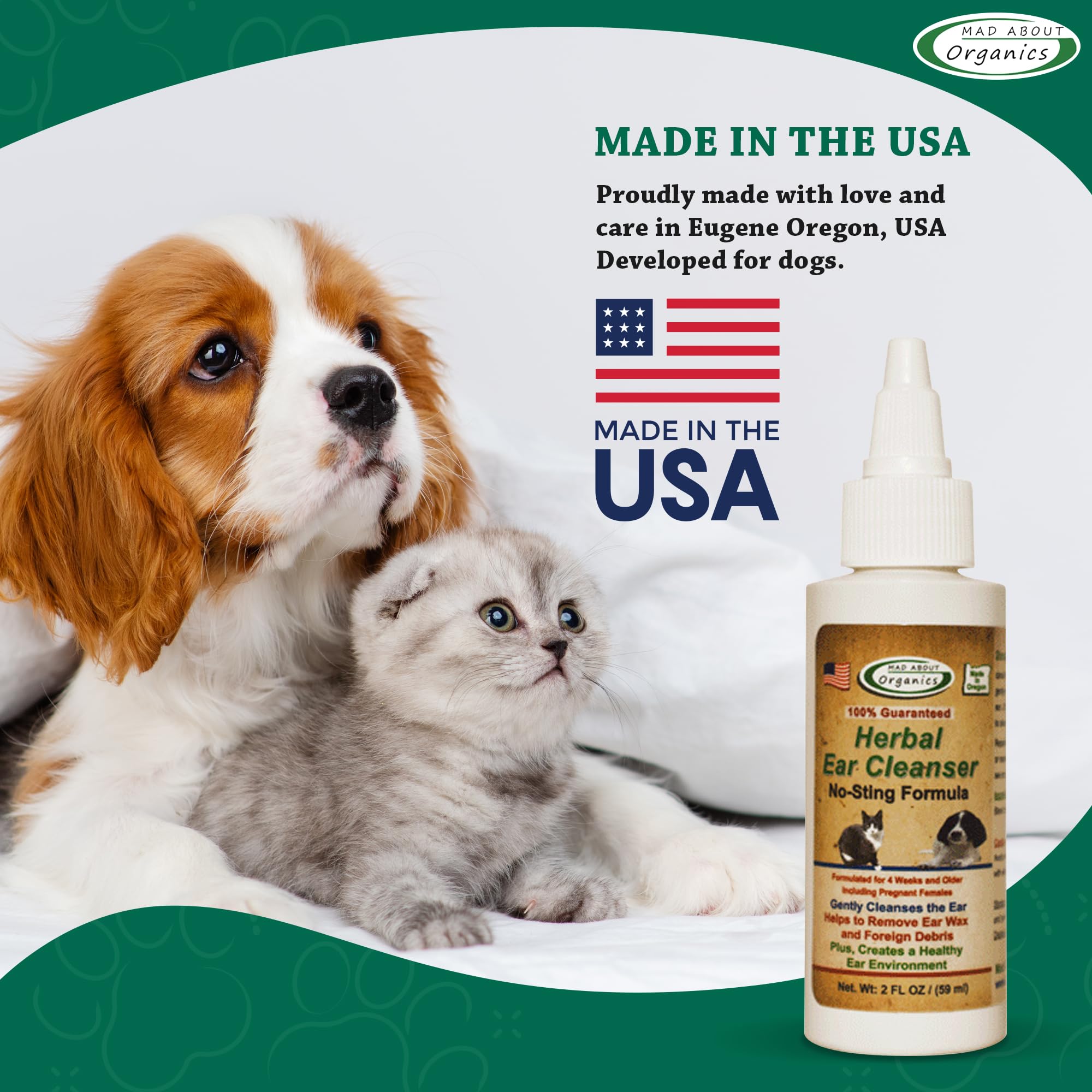 Mad About Organics Herbal Ear Cleanser for Dogs & Cats - No-Sting Formula Gently Cleanses Ears, Removes Wax & Debris, Supports Healthy Ear Care, Calming Grooming Supplies for Pets, 2oz Bottle