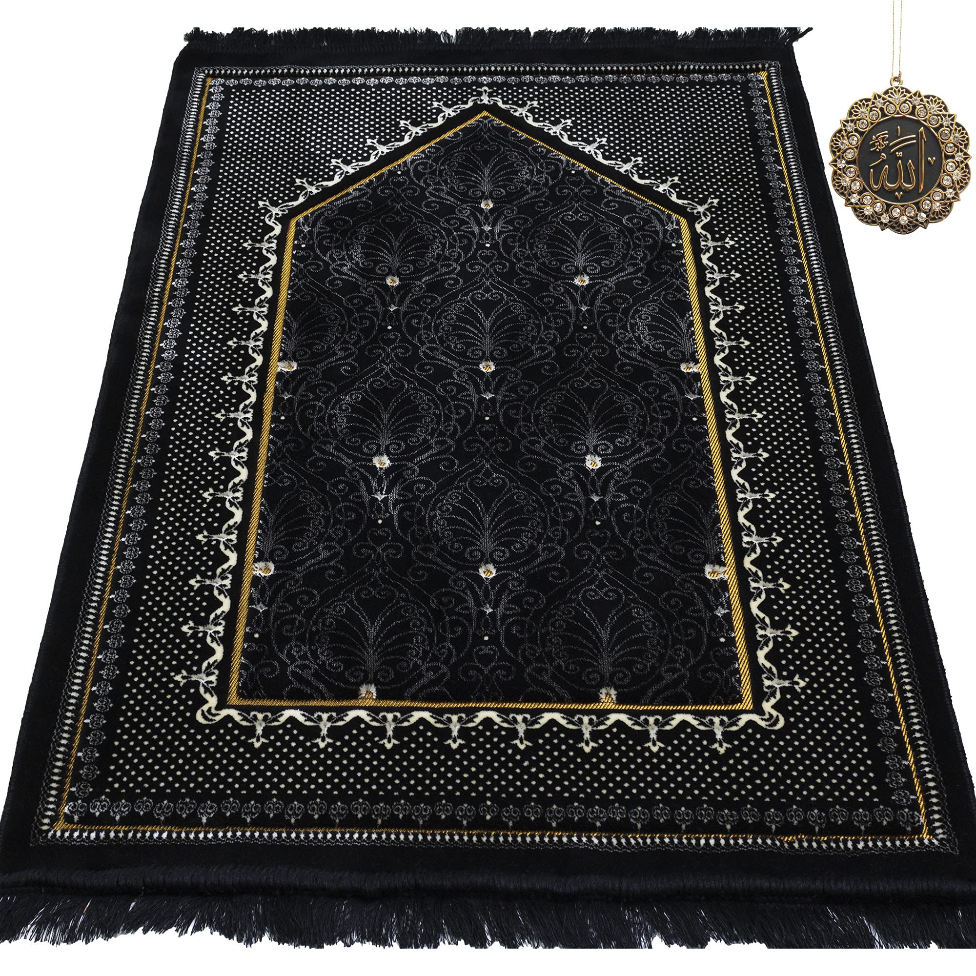 Modefa Turkish Islamic Velvet Prayer Rug - Thick & Wide Soft Carpet for Men & Women - Large Muslim Salah Mat - Ramadan & Eid Gift - with Car Hanger - Double Plush Topkapi (Black)