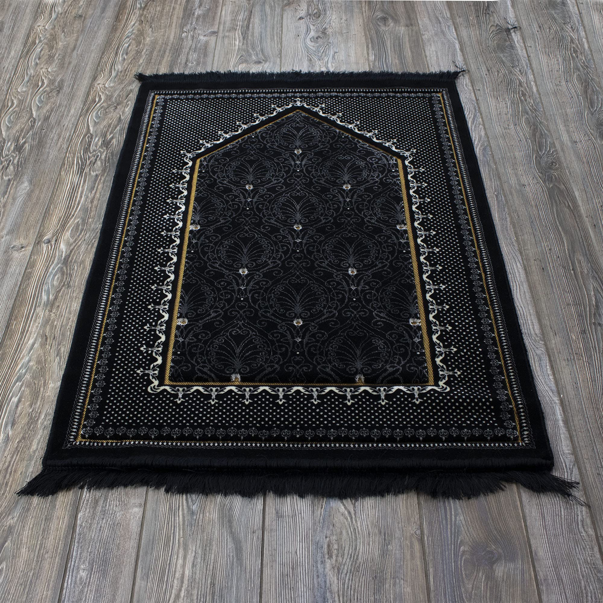 Modefa Turkish Islamic Velvet Prayer Rug - Thick & Wide Soft Carpet for Men & Women - Large Muslim Salah Mat - Ramadan & Eid Gift - with Car Hanger - Double Plush Topkapi (Black)