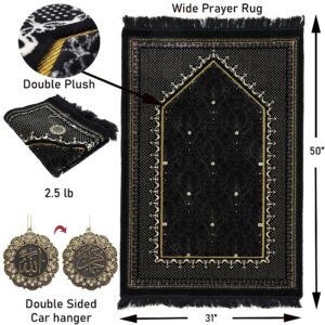 Modefa Turkish Islamic Velvet Prayer Rug - Thick & Wide Soft Carpet for Men & Women - Large Muslim Salah Mat - Ramadan & Eid Gift - with Car Hanger - Double Plush Topkapi (Black)