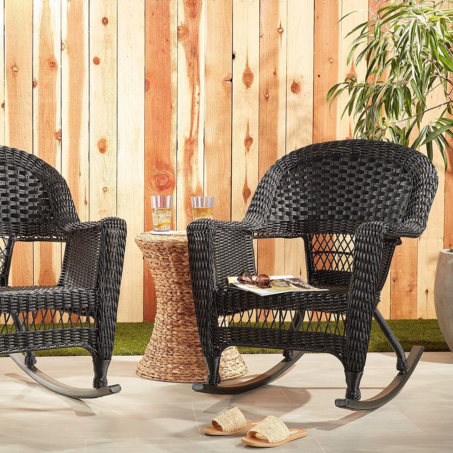 Jeco Rocker Wicker Chair with Cushion, Set of 2, Black