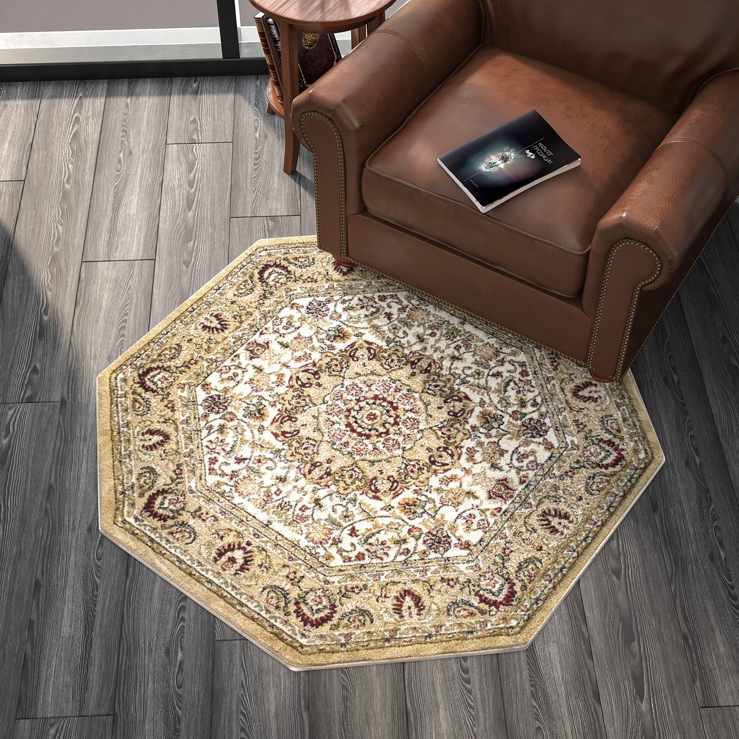 Traditional Octagon Area Rug Design Bellagio 401 Ivory (4 Feet x 4 Feet)