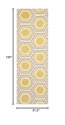 SAFAVIEH Dhurries Collection 2'6" x 10' Ivory / Yellow DHU202A Handmade Flatweave Premium Wool Runner Rug