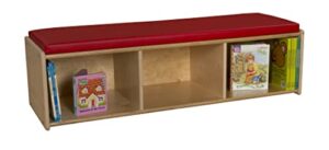 contender bookshelf with reading nook, storage bench for kids, toy and book organizer, absolute for daycare, kids room, playroom, preschool in natural finish