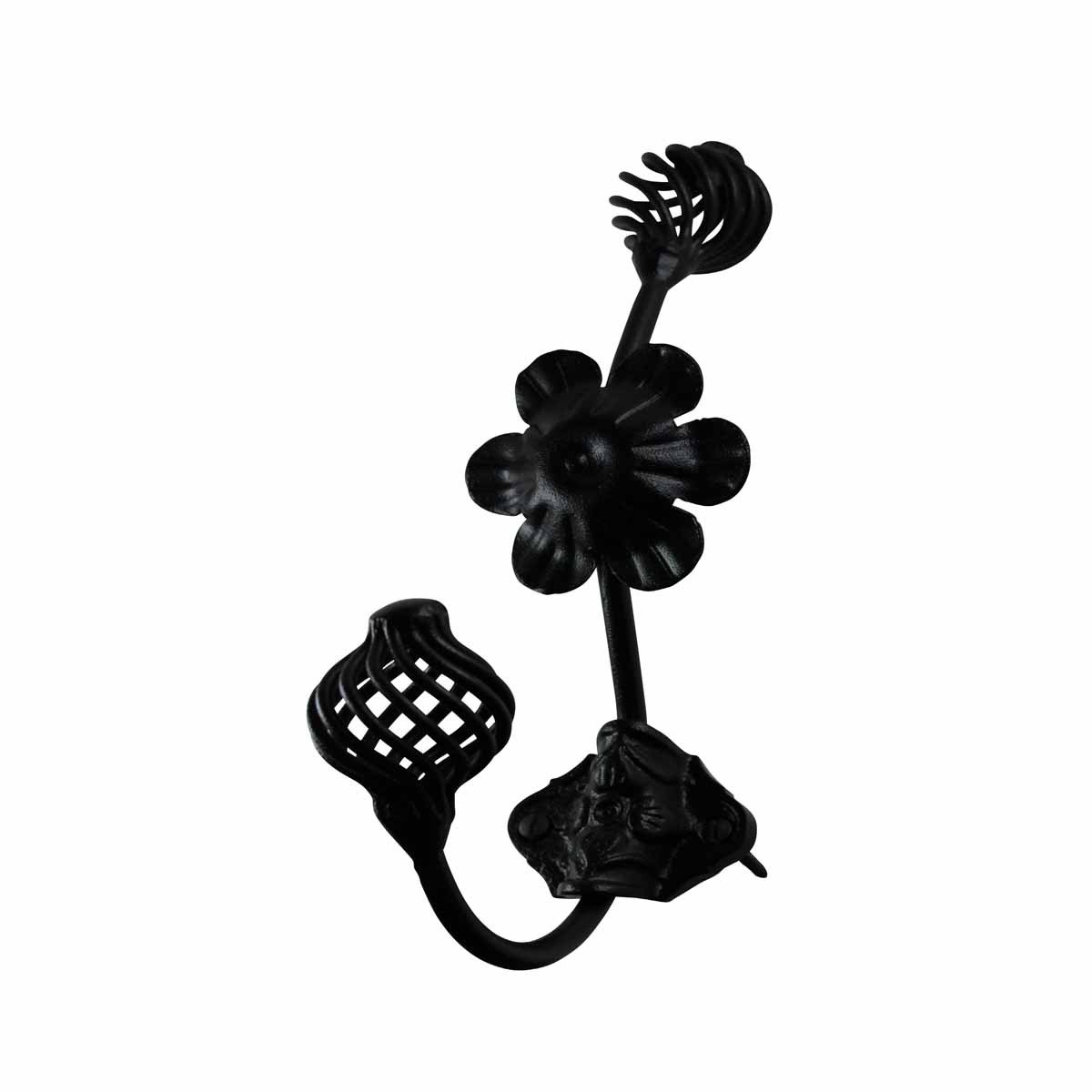 Renovators Supply Black Wrought Iron Wall Hook Decorative Floral Birdcage Style 9" Tall Double Hooks for Coat, Robe or Hat Holder Hanger Black Powder Coated Wall Mount Hooks with Hardware