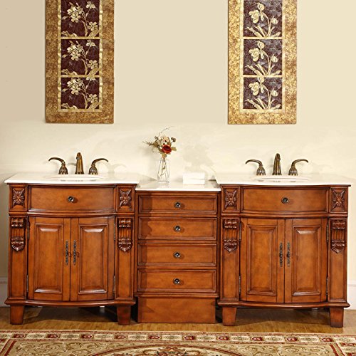 Silkroad Exclusive HYP-0204-CM-UIC-84 Countertop Creamy Marble Stone Bathroom Double Vanity Sink Cabinet, 84"