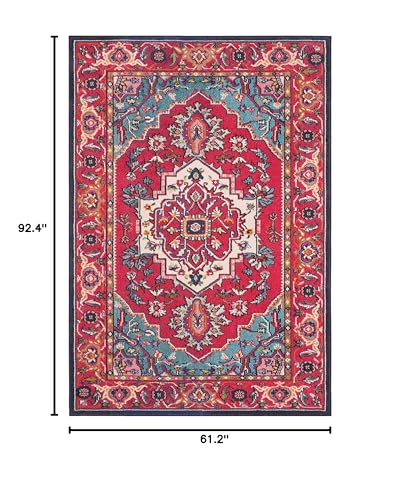 SAFAVIEH Monaco Collection Area Rug - 5'1" x 7'7", Red & Turquoise, Boho Oriental Medallion Design, Non-Shedding & Easy Care, Ideal for High Traffic Areas in Living Room, Bedroom (MNC207C)