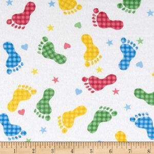 comfy flannel footprints white/primary, fabric by the yard