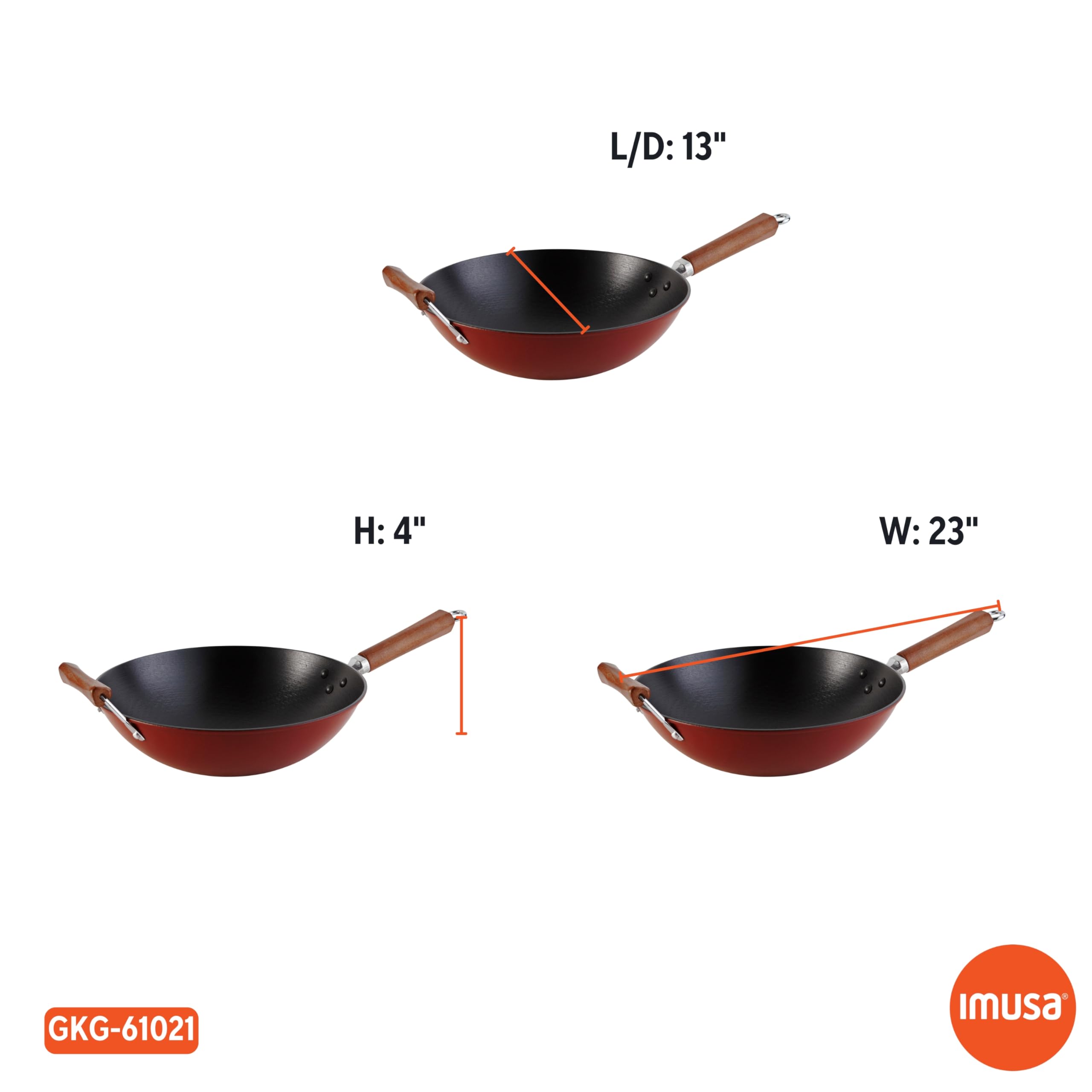 IMUSA USA Light Cast Iron Wok with Wood Handles 14-Inch, Black