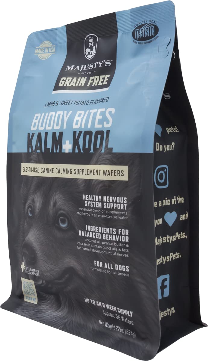 Majesty's Grain-Free Buddy Bites Kalm and Kool Wafers for Medium / Large Dogs - Superior Nervous System Support Supplement - Carob and Sweet Potato Flavored - 56 Count (Up To 8 Week Supply)