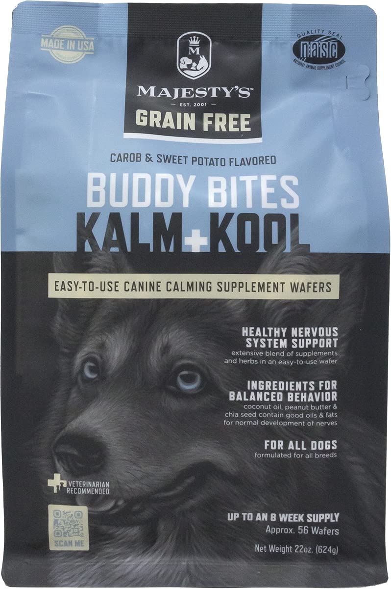 Majesty's Grain-Free Buddy Bites Kalm and Kool Wafers for Medium / Large Dogs - Superior Nervous System Support Supplement - Carob and Sweet Potato Flavored - 56 Count (Up To 8 Week Supply)