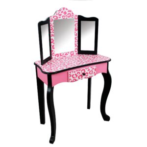 Teamson Kids Leopard Prints Wooden 2-pc. Play Vanity Set with Tri-Fold Mirror, Storage Drawer and Matching Stool to Play Dress-up, Princess or Beauty Shop, Black/Pink