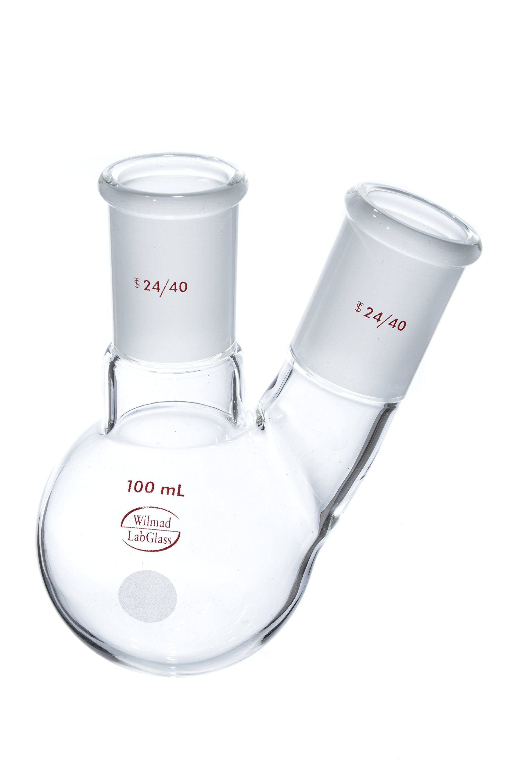 Wilmad-LabGlass LG-7291-222 Double Neck (Center Vertical & Side Angled) Round Bottom Flask, 100mL, Standard Taper 24/40 Center, Standard Taper 24/40 Side