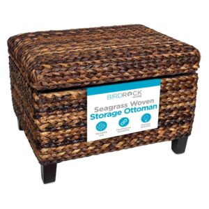 birdrock home woven seagrass storage ottoman with safety hinges - easy-to-open lid, sturdy construction - natural brown finish - large storage space ideal for living room, bedroom, dorm - 22x18x16