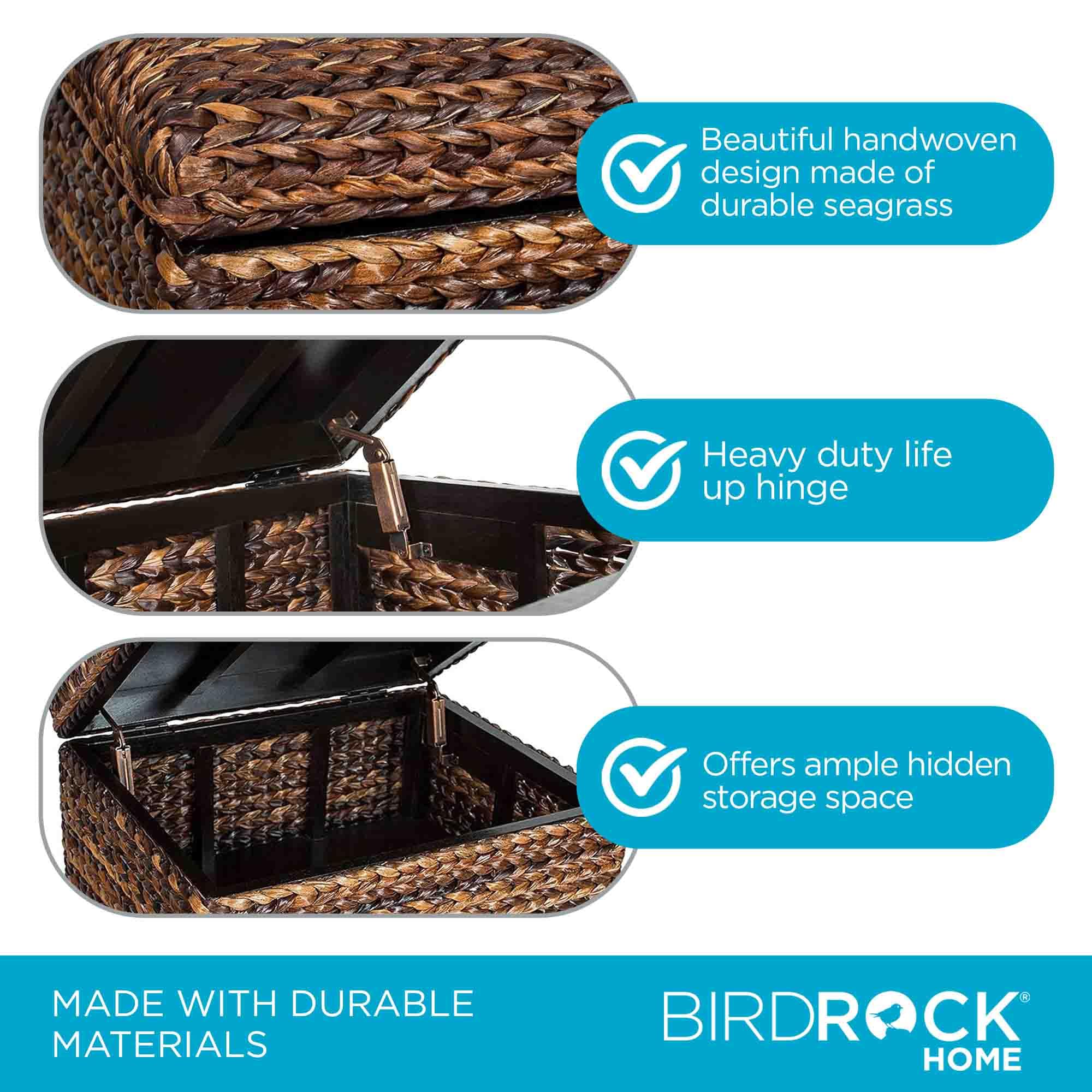 BIRDROCK HOME Woven Seagrass Storage Ottoman with Safety Hinges - Easy-to-Open Lid, Sturdy Construction - Natural Brown Finish - Large Storage Space Ideal for Living Room, Bedroom, Dorm - 22x18x16