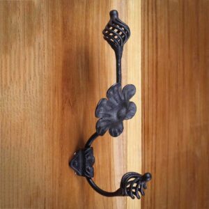 Renovators Supply Black Wrought Iron Wall Hook Decorative Floral Birdcage Style 9" Tall Double Hooks for Coat, Robe or Hat Holder Hanger Black Powder Coated Wall Mount Hooks with Hardware