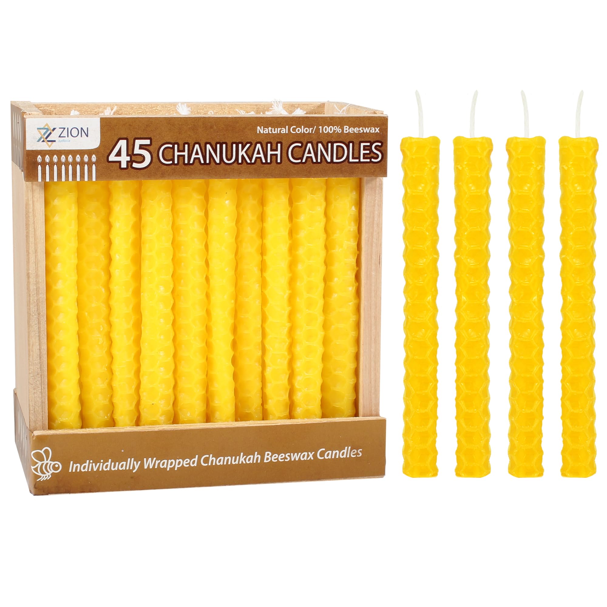 Zion Judaica Natural Beeswax Hanukkah Candles Set In A Wooden Crate Honeycomb Design Chanukkah Celebration Candles Honey Scented Aroma Candle Set of 45 Yellow bees Wax Chanukah Candle Set Holiday Gift