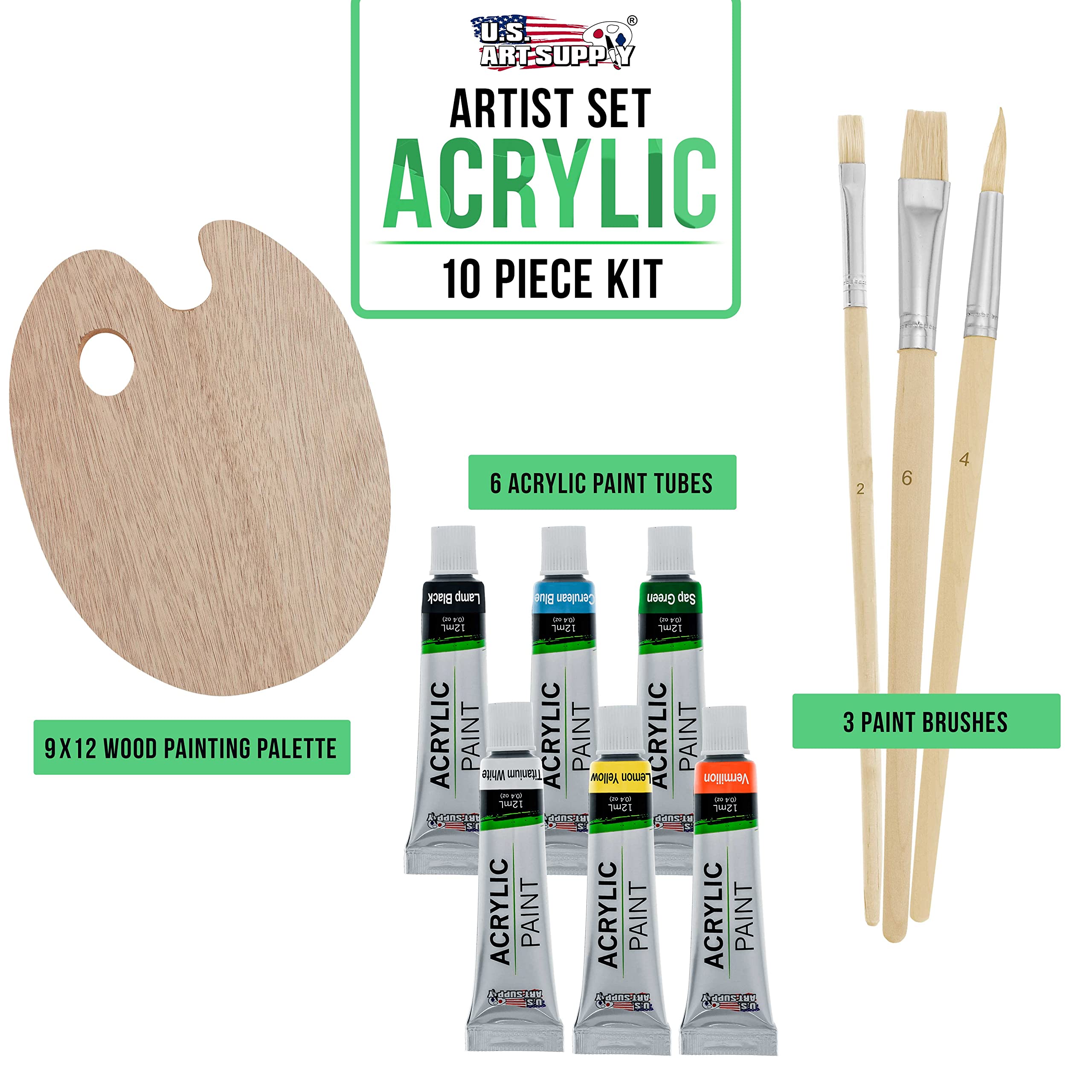 U.S. Art Supply Artist Painting Set with 6 Vivid Acrylic Paint Colors, Wood Painting Palette, 3 Brushes - Basic Artwork Project Essentials - Fun Children, Kids, School, Students, Beginners Starter Kit