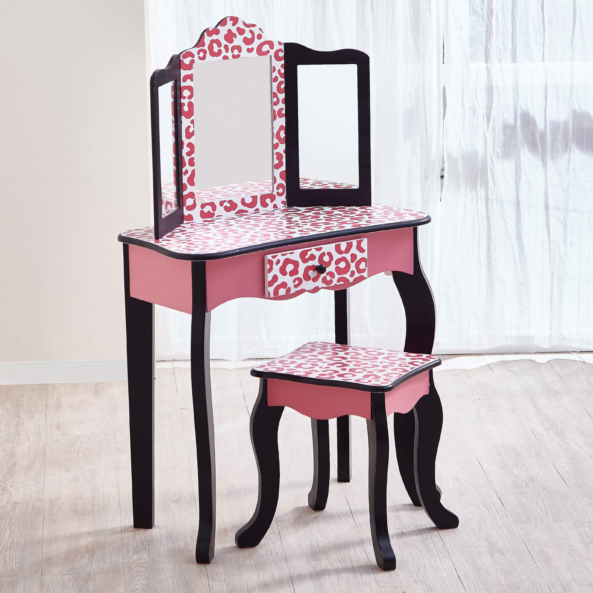 Teamson Kids Leopard Prints Wooden 2-pc. Play Vanity Set with Tri-Fold Mirror, Storage Drawer and Matching Stool to Play Dress-up, Princess or Beauty Shop, Black/Pink