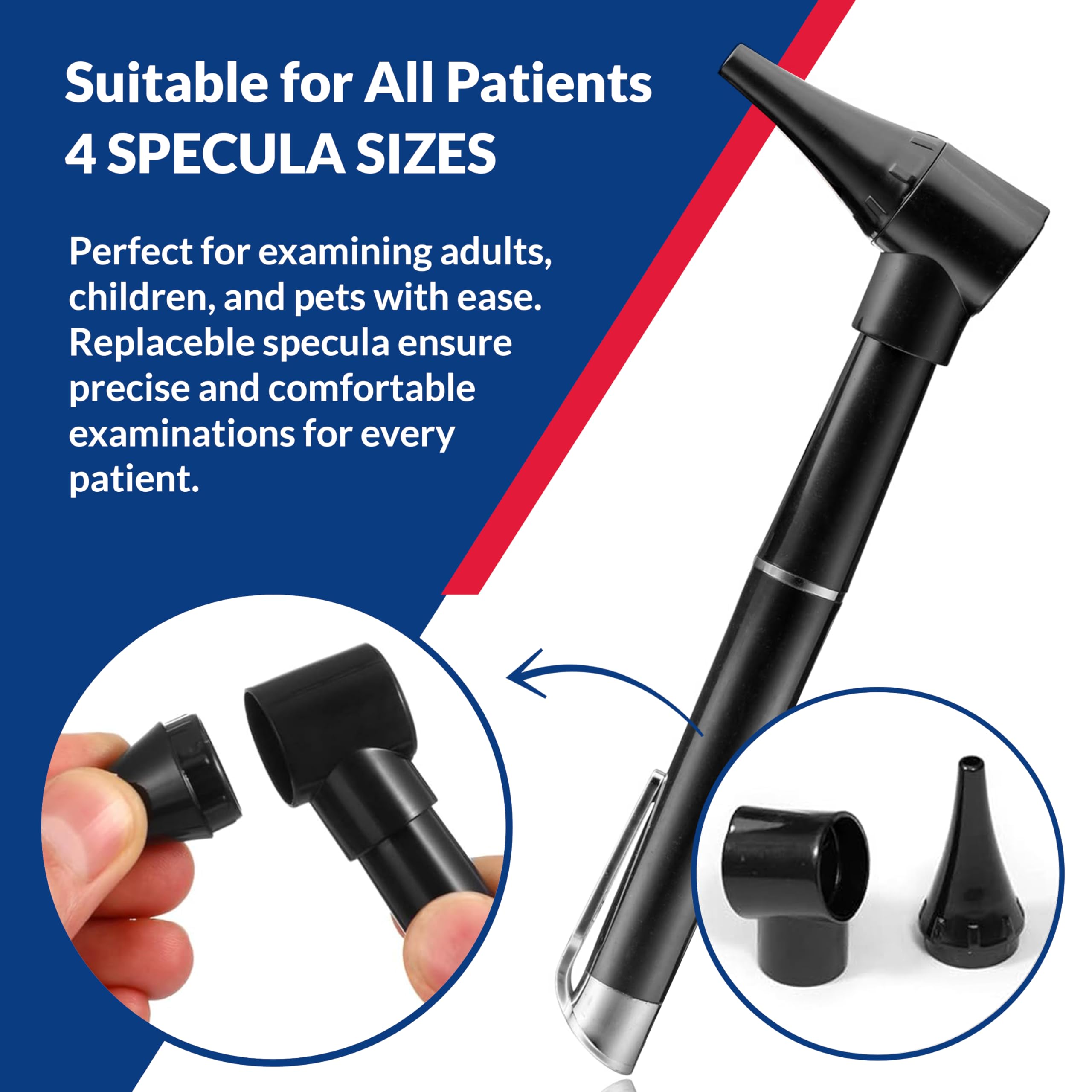 Dixie Ems Basic Medical Pocket Size Otoscope with LED Light, Clip and 4 Specula Sizes for Students, EMTs, Nurses, Doctors, and Vets