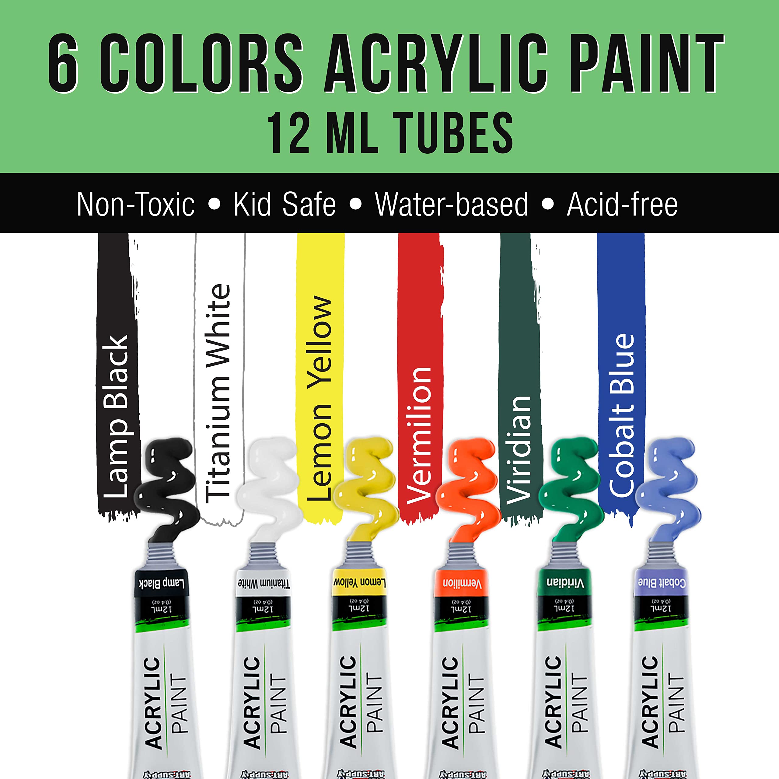 U.S. Art Supply Artist Painting Set with 6 Vivid Acrylic Paint Colors, Wood Painting Palette, 3 Brushes - Basic Artwork Project Essentials - Fun Children, Kids, School, Students, Beginners Starter Kit