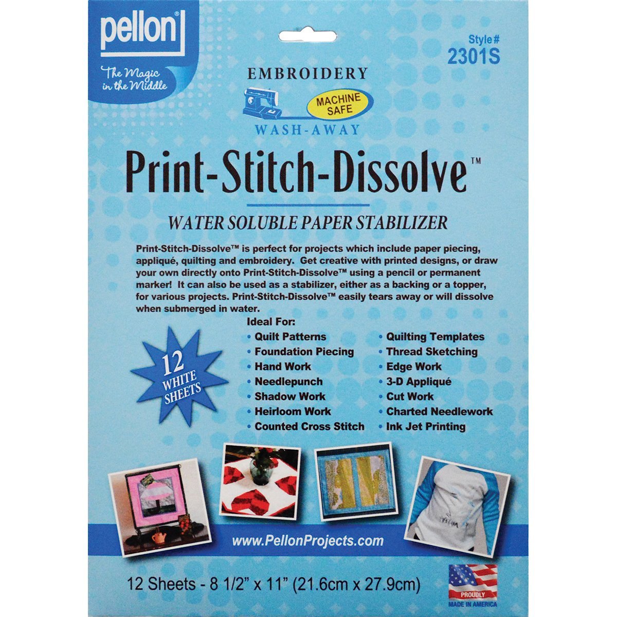 Pellon 2301S Print-Stitch-Dissolve Stabilizer for Embroidery, White, 8.5" x 11", 12 sheet ( Pack of 1 )