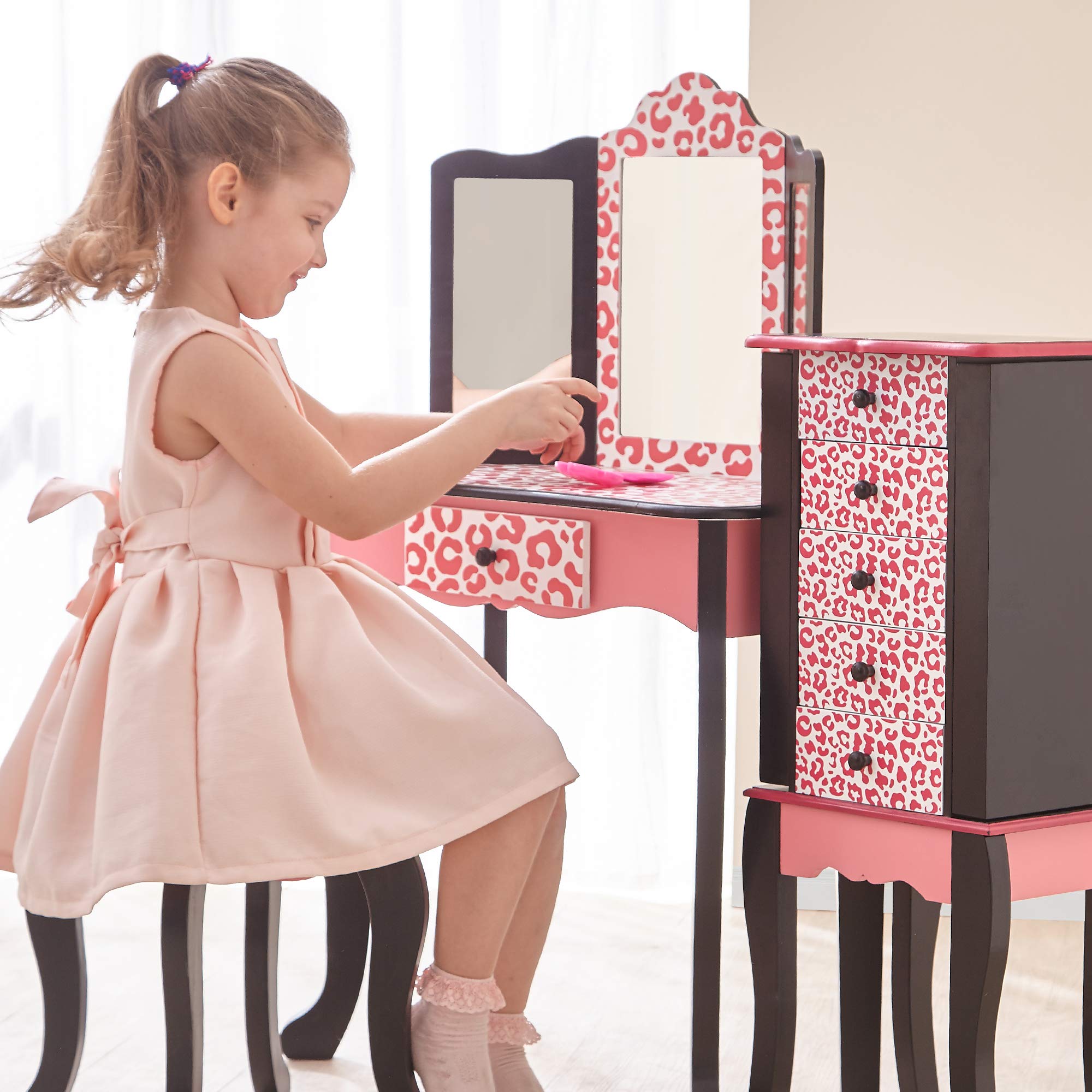 Teamson Kids Leopard Prints Wooden 2-pc. Play Vanity Set with Tri-Fold Mirror, Storage Drawer and Matching Stool to Play Dress-up, Princess or Beauty Shop, Black/Pink