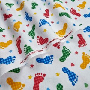 Comfy Flannel Footprints White/Primary, Fabric by the Yard