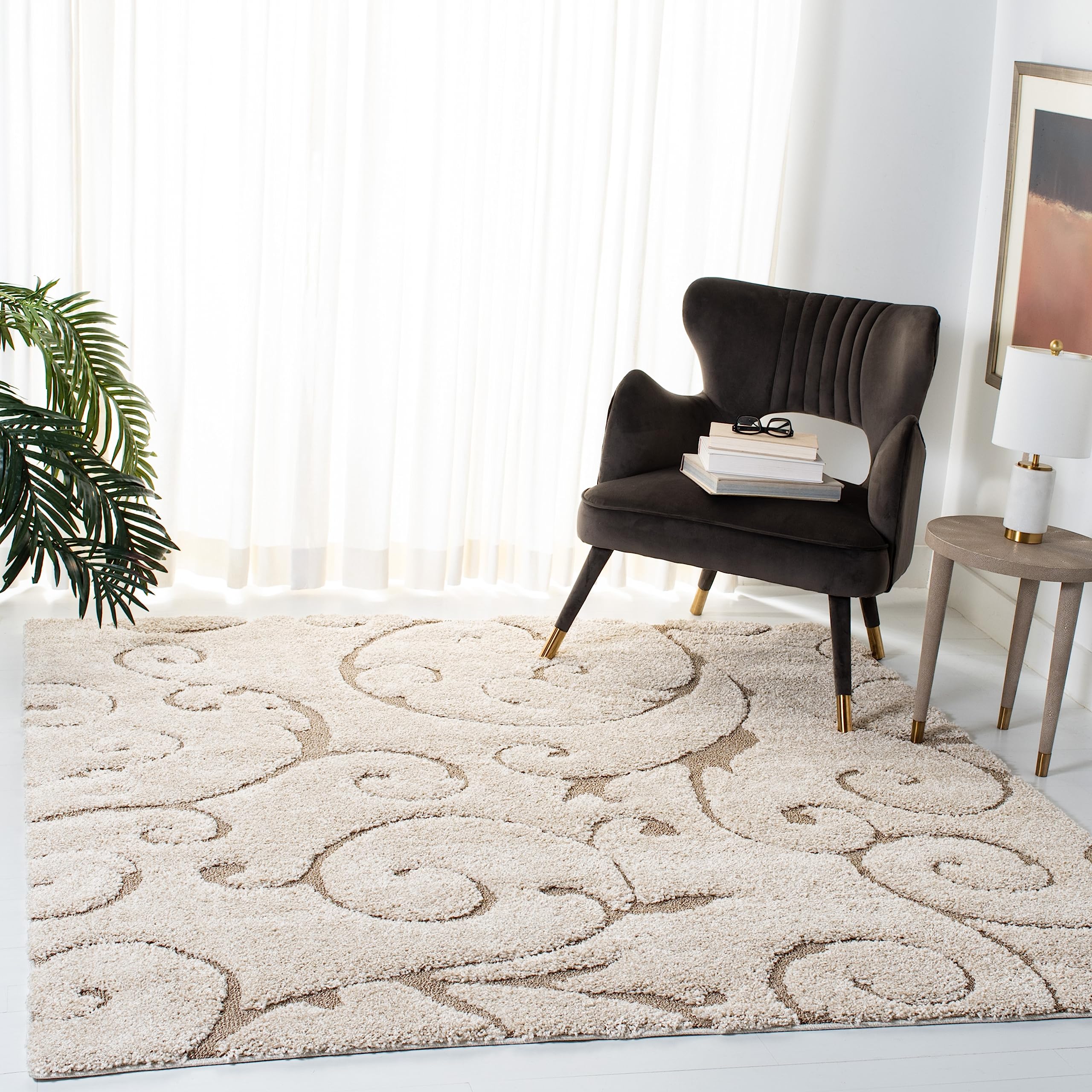 SAFAVIEH Florida Shag Collection Area Rug - 9' Square, Cream & Beige, Scroll Design, Non-Shedding & Easy Care, 1.2-inch Thick Ideal for High Traffic Areas in Living Room, Bedroom (SG455-1113)