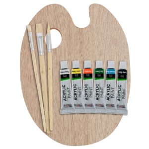 u.s. art supply artist painting set with 6 vivid acrylic paint colors, wood painting palette, 3 brushes - basic artwork project essentials - fun children, kids, school, students, beginners starter kit