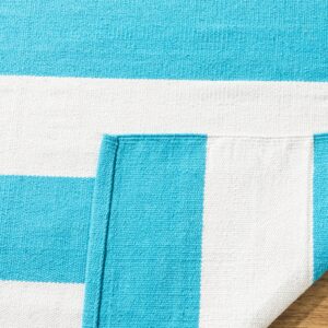 SAFAVIEH Montauk Collection Accent Rug - 4' x 6', Turquoise & Ivory, Handmade Flat Weave Boho Farmhouse Cotton Stripe, Ideal for High Traffic Areas in Entryway, Living Room, Bedroom (MTK712N)