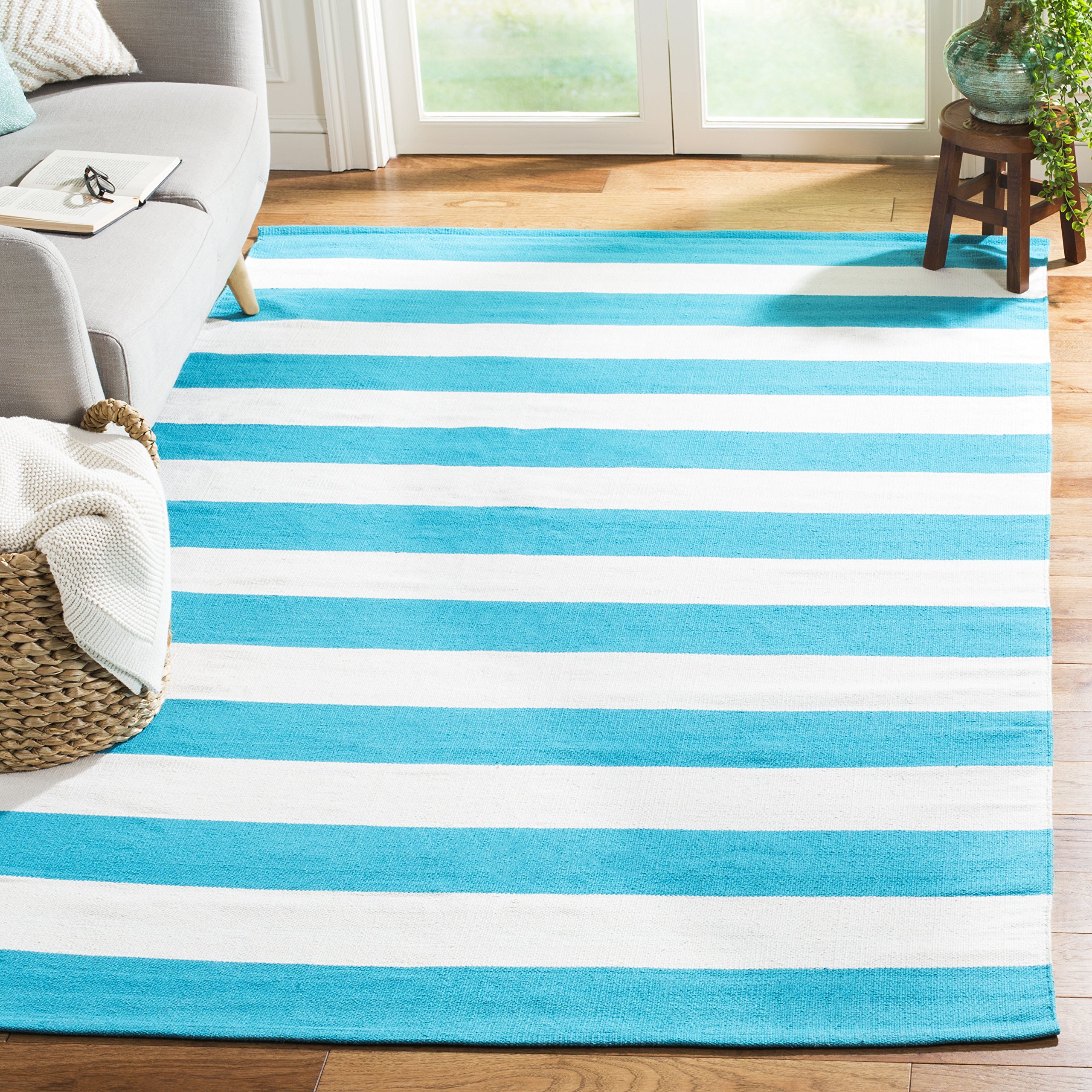 SAFAVIEH Montauk Collection Accent Rug - 4' x 6', Turquoise & Ivory, Handmade Flat Weave Boho Farmhouse Cotton Stripe, Ideal for High Traffic Areas in Entryway, Living Room, Bedroom (MTK712N)