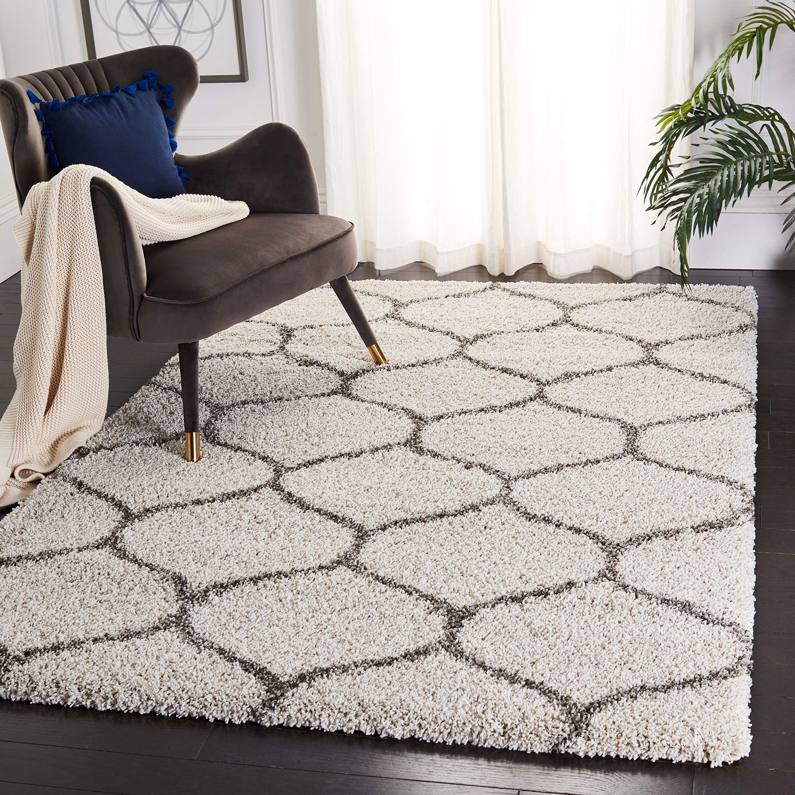 SAFAVIEH Hudson Shag Collection Area Rug - 5'3" x 7'6", Ivory & Grey, Moroccan Trellis Design, Non-Shedding & Easy Care, 2-inch Thick Ideal for High Traffic Areas in Living Room, Bedroom (SGH280A)