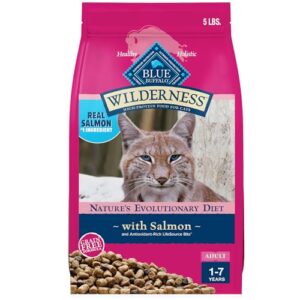 blue buffalo wilderness natural adult dry cat food, high-protein and grain-free diet, supports healthy muscle development and a healthy immune system, salmon, 5-lb bag