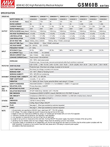 Mean Well GSM60B12-P1J Power Supply, Switching Medical Table Top, 12V at 5A, 60 W, 12 Volts, 5 Amps, 60 Watts, 4.9" L x 1.9" W x 1.3" H