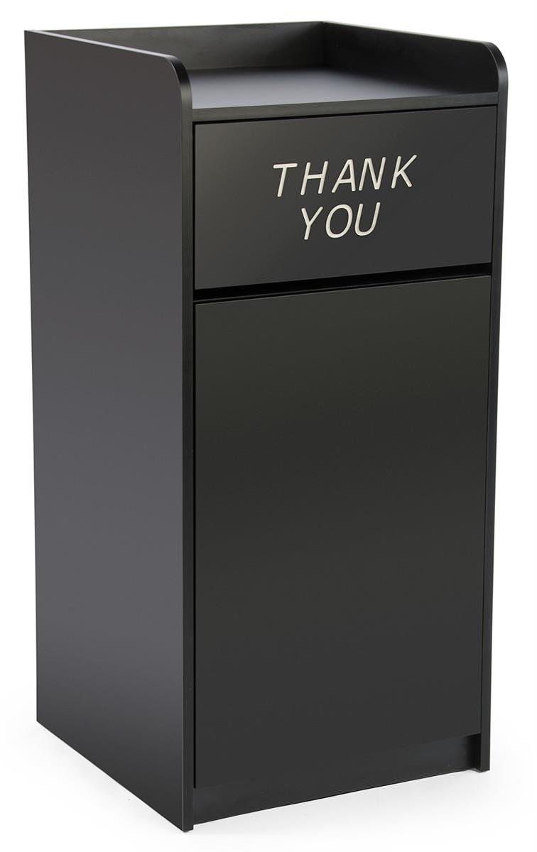 36 Gallon Restaurant Fast Food Trash Bin, Receptacle with Door, Tray Holder (Black Melamine)