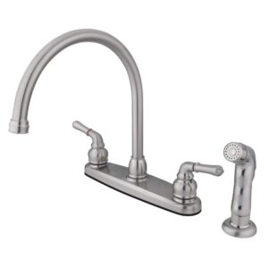 kingston brass fb798sp 8-3/4-inch in spout reach magellan 8-inch centerset kitchen faucet with abs sprayer, brushed nickel