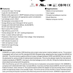 Mean Well GSM60B12-P1J Power Supply, Switching Medical Table Top, 12V at 5A, 60 W, 12 Volts, 5 Amps, 60 Watts, 4.9" L x 1.9" W x 1.3" H