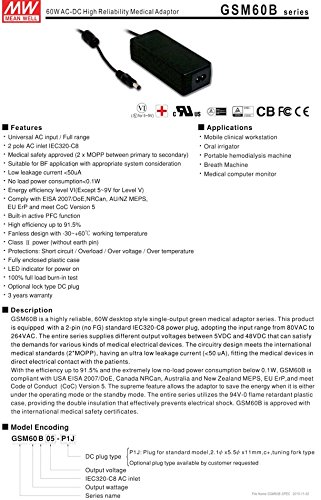 Mean Well GSM60B12-P1J Power Supply, Switching Medical Table Top, 12V at 5A, 60 W, 12 Volts, 5 Amps, 60 Watts, 4.9" L x 1.9" W x 1.3" H