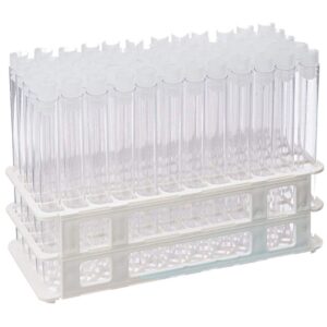 16x150mm clear plastic tubes and 16mm natural flange caps, with rack karter scientific (set of 60)