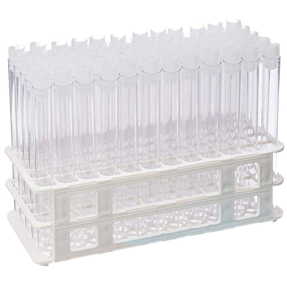 16x150mm Clear Plastic Tubes and 16mm Natural Flange Caps, with Rack Karter Scientific (Set of 60)