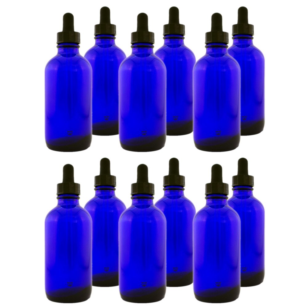 Pack of 12 - 4oz Cobalt Blue Glass Bottle with Glass Dropper - GreenHealth