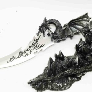 Ebros Medieval Dreamwork Fantasy Dragon Fire Breath Dagger Letter Opener Knife With Base Holder Statue Home Office Decor Figurine Dungeons And Dragons GOT Obsidian Blade