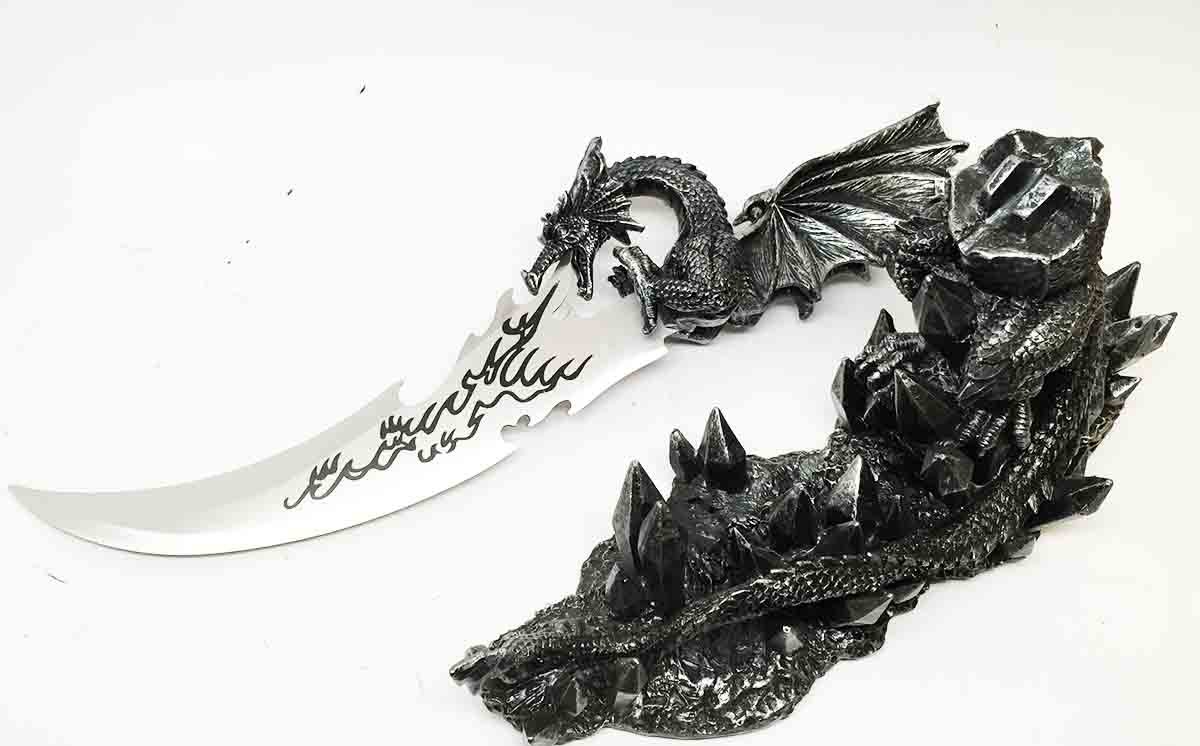 Ebros Medieval Dreamwork Fantasy Dragon Fire Breath Dagger Letter Opener Knife With Base Holder Statue Home Office Decor Figurine Dungeons And Dragons GOT Obsidian Blade