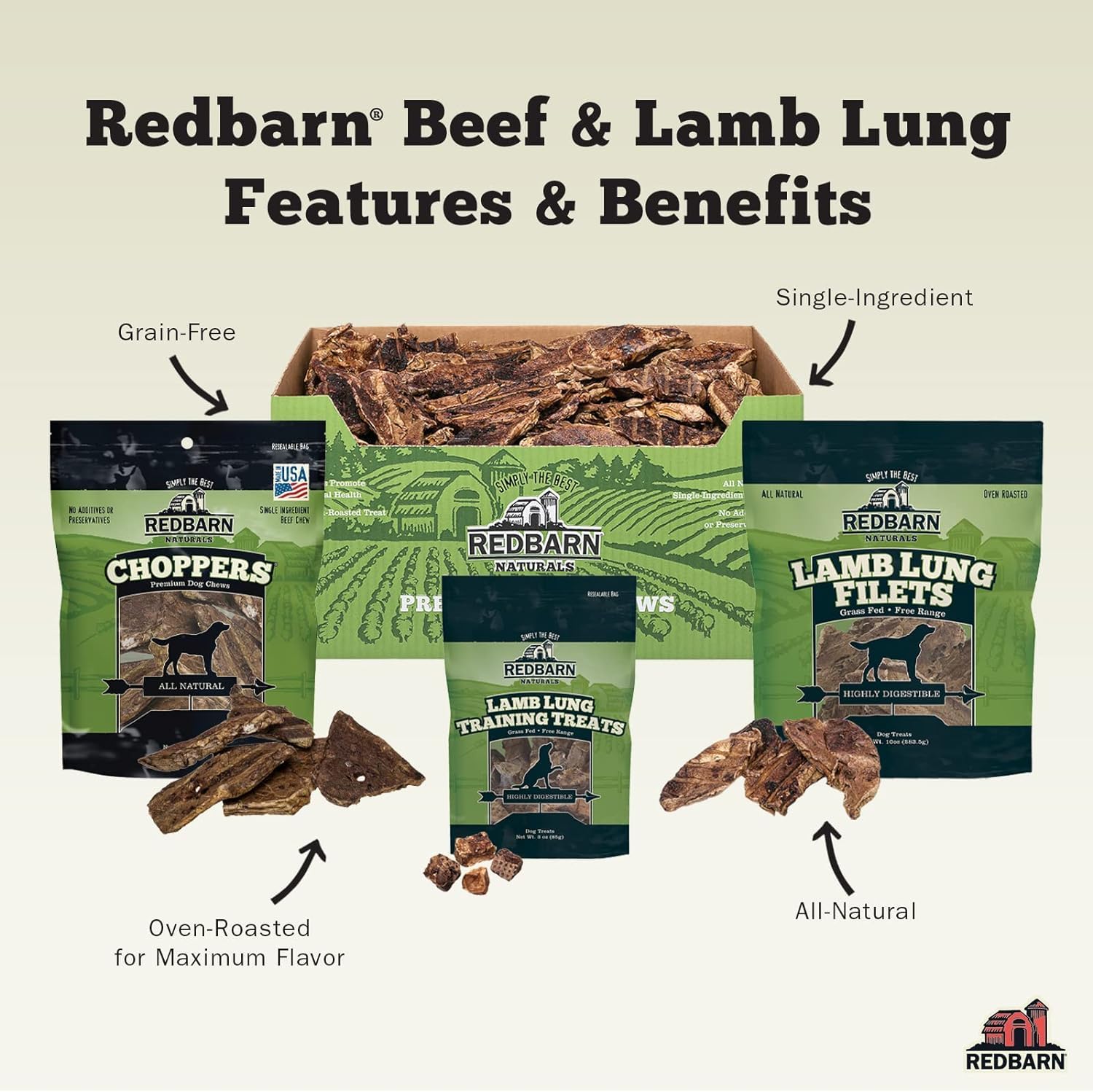 Redbarn Natural Choppers Beef Lung Chew Treats for Dogs - Premium Made in USA Rawhide-Free Single Ingredient High Protein Low Fat - 9 oz Bag